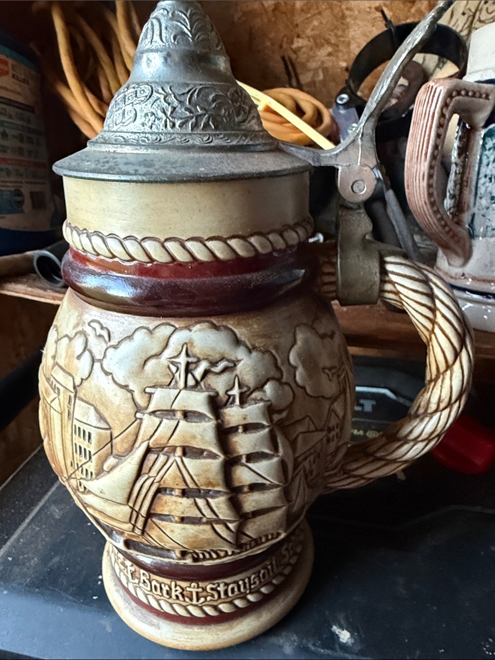 Avon Brown and Cream Ceramic Nautical Stein with Pewter Lid